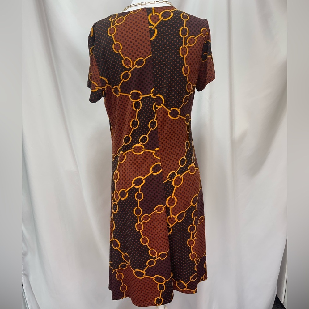 Chain Print Brown polkadot Dress stretchy flowy short sleeve women’s size M - Picture 8 of 15